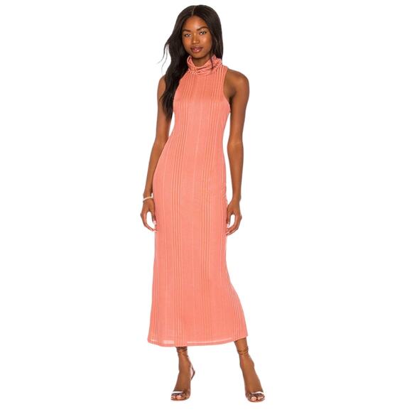 House of Harlow 1960 Slinky Ribbed Knit Maxi Dress Rose Gold Sorbet Racerback L - Picture 1 of 12